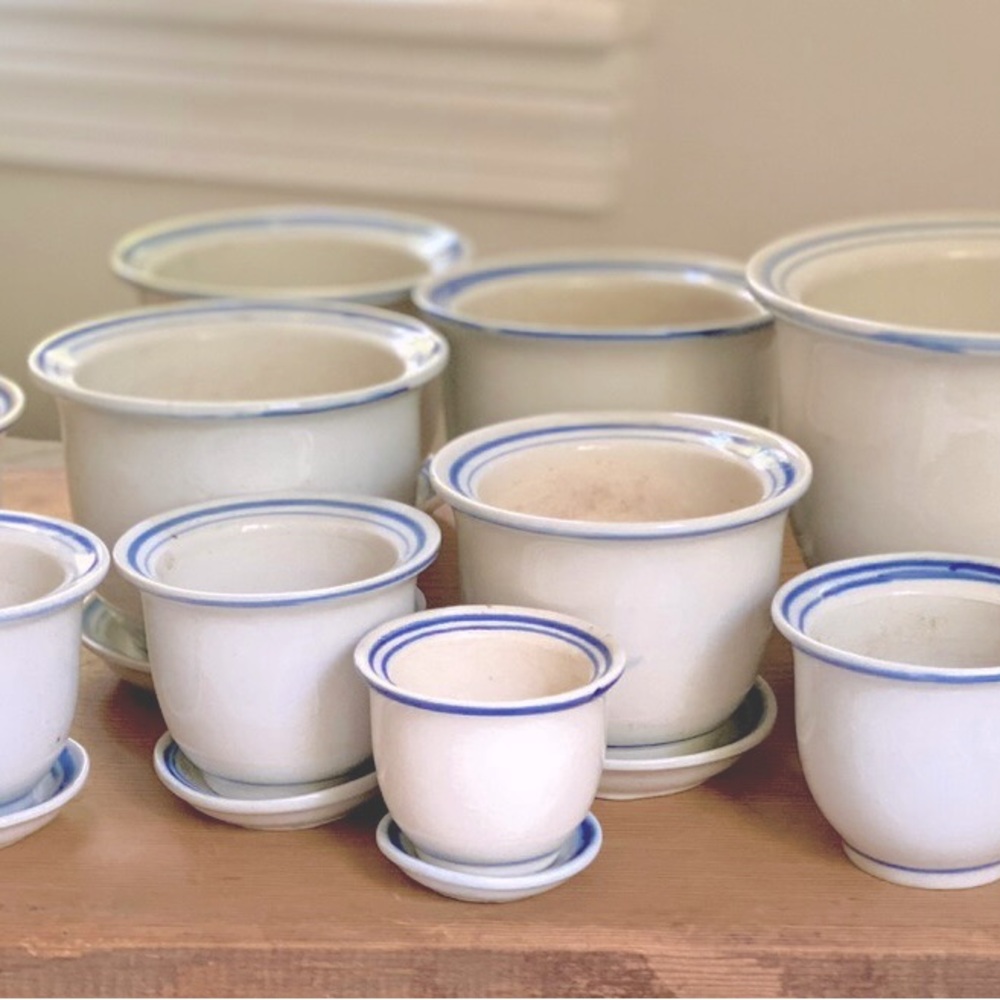 Vintage White & Blue Stripe Nesting Planter Pots With Saucers Set 19 Herb Pots